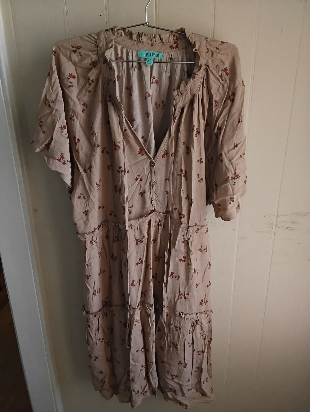 Beige Floral Tiered Boho Dress with Red Flower Print